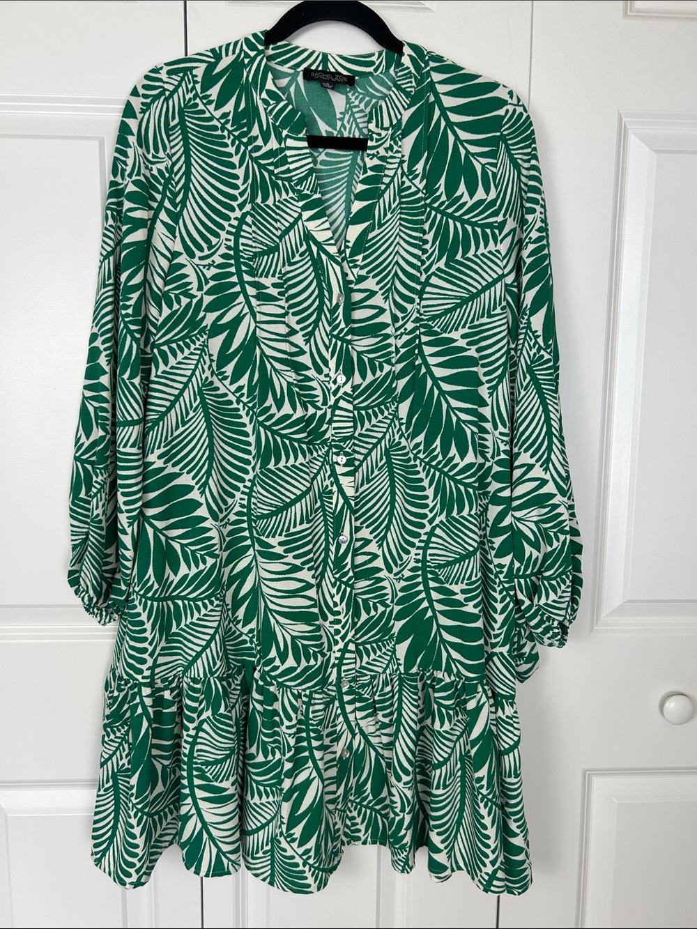 Rachel Zoe Green and White Leaf-Print Button-Front Midi Dress Size Medium